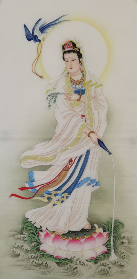 Guanyin's Benevolent Nectar (Tang Guangyi) Gongbi Style Figure Painting 54.3" x 26.8"