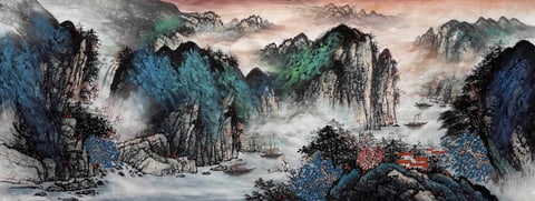 Haven of Mist-Shrouded Peaks (Zhu Baolin) Semi-Xieyi Style Shanshui Painting 70.9" x 27.6"(in)
