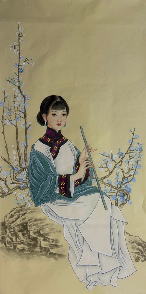 Melody Amidst Serene Orchids (Tong yuan) Gongbi Style Figure Painting 54.3" x 26.8"(in)
