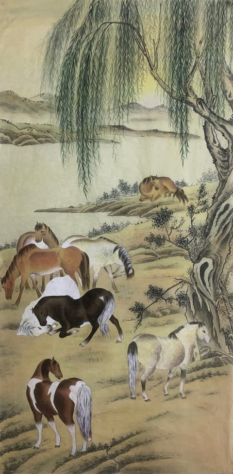 Willow-shaded Pasture of Eight Noble Steeds (Hu Yixuan) Gongbi Style Animal Painting 54.3" x 26.8"
