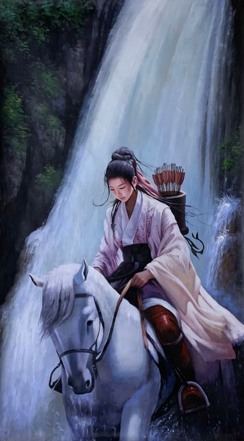 The Heroine's Return: Cascading Grace Amidst Verdant Peaks (Su Mei) Gongbi Style Figure Painting 70.9" x 38.2"