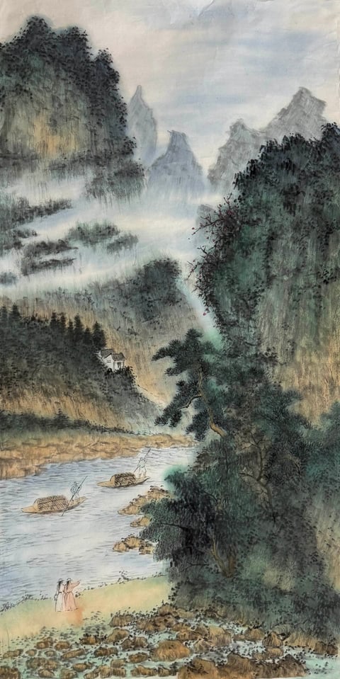 Echoes in Mist: Creek, Boat and Silent Peaks (Liu Caixia) Semi-Xieyi Style Shanshui Painting 54.3" x 26.8"(in)
