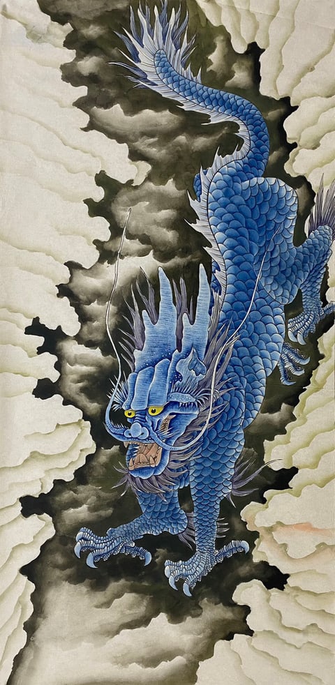 Azure Dragon Ascending Amidst Shrouded Skies (Yi Jianbin) Gongbi Style Animal Painting 54.3" x 26.8"