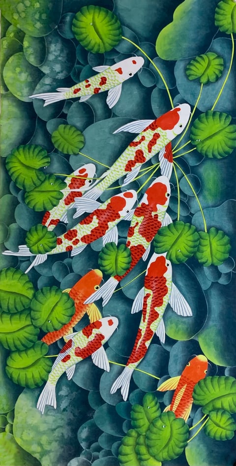 Nine Brocade Koi Amidst Verdant Lotus (Cheng Xiuyuan) Gongbi Style Animal Painting 54.3" x 26.8"