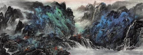 Whispers of Mist and Stone (Zhao Suxing) Semi-Xieyi Style Shanshui Painting 70.9" x 27.6"(in)