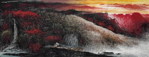 Chronicles in Vermilion (Wu Bufan) Semi-Xieyi Style Shanshui Painting 70.9" x 27.6"(in)