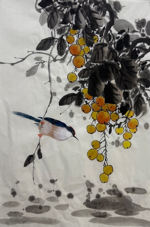 Gilded Fruits of Spring (Wu Yantian) Semi-Xieyi Style Flower-and-Bird Painting 26.8" x 17.7"(in)
