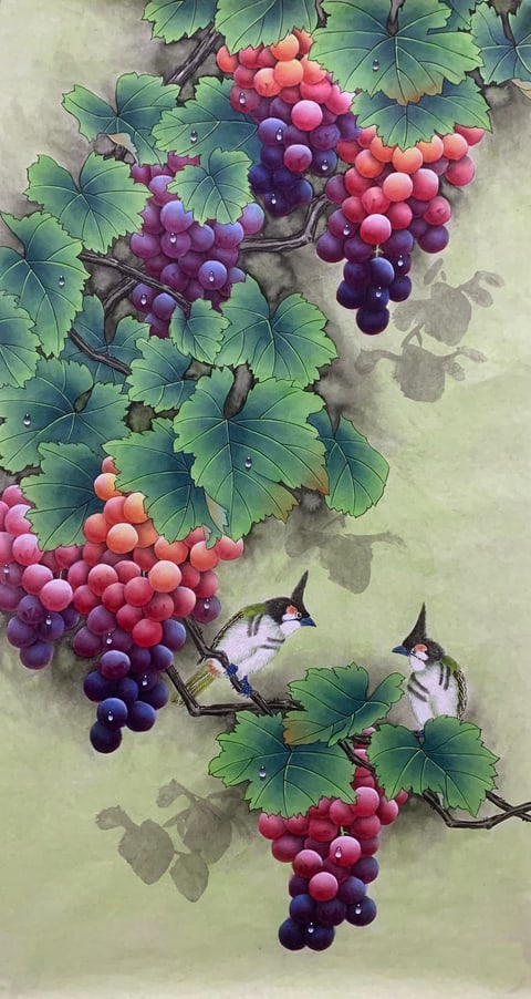 Crimson Dew on Amethyst Vines: A Song of Abundance (Du Kexin) Gongbi Style Flower-and-Bird Painting 39.4" x 21.7"