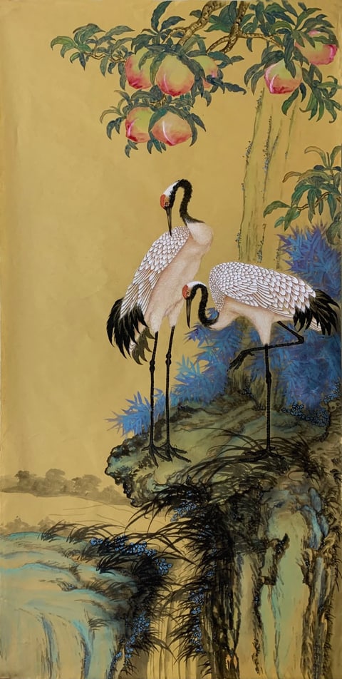 Harmonious Cranes and Peaches of Immortality (Fu Chengzhi) Gongbi Style Flower-and-Bird Painting 54.3" x 26.8"