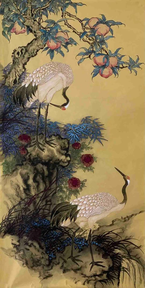 Auspicious Cranes Amidst Immortal Peaches (Fu Chengzhi) Gongbi Style Flower-and-Bird Painting 54.3" x 26.8"