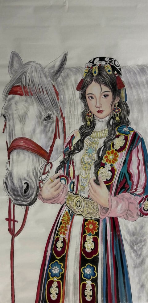 Crimson Heart Amidst Clouds (Xu Ruobai) Gongbi Style Figure Painting 54.3" x 26.8"(in)