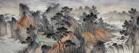 Hermit's Retreat in the Clouded Valley (Zhou Zihan) Semi-Xieyi Style Shanshui Painting 70.9" x 27.6"(in)