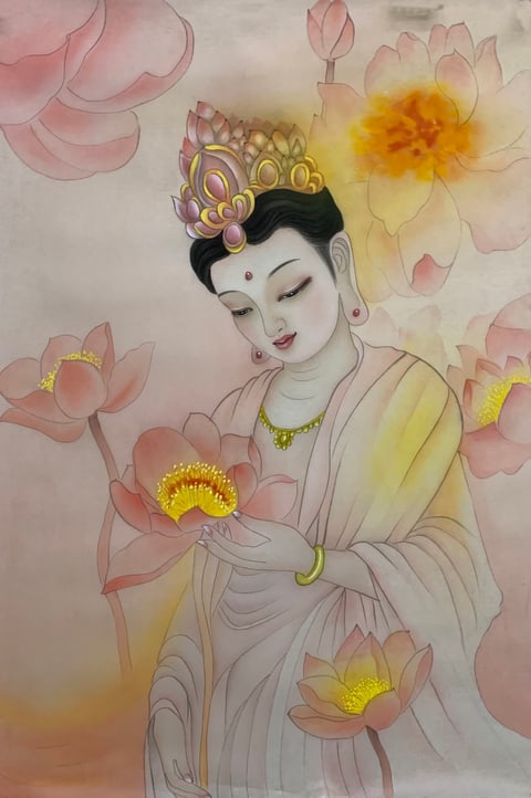 Compassionate Radiance of the Lotus Bodhisattva (Xiao Songquan) Gongbi Style Figure Painting 26.8" x 17.7"