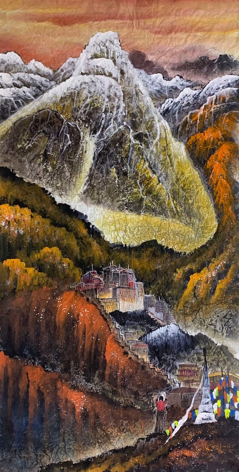 Sacred Realm of Snowy Peaks, Sunset on Golden Roofs (Wang Hongwei) Semi-Xieyi Style Shanshui Painting 54.3" x 26.8"
