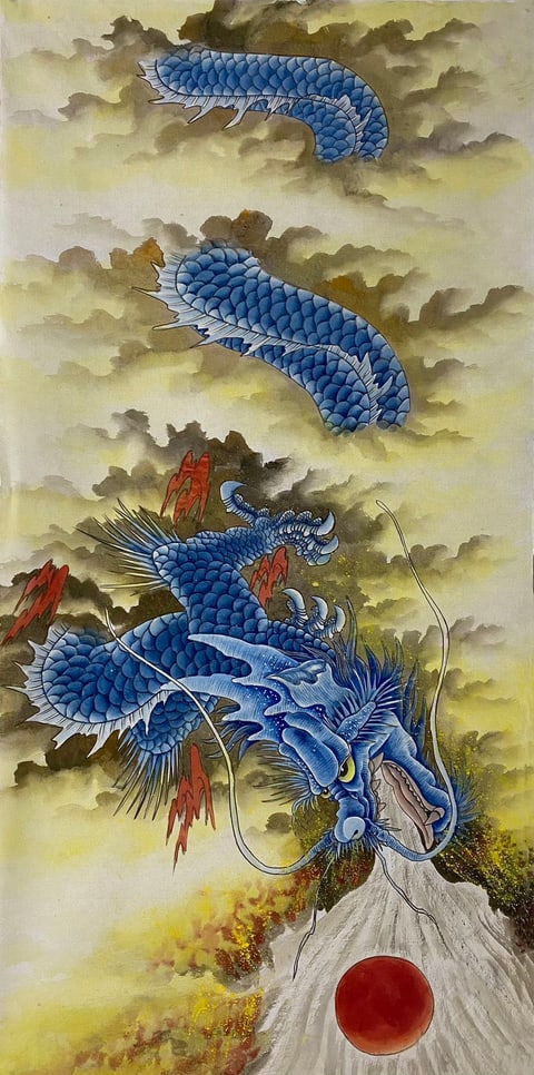 Azure Dragon Soaring Through Golden Clouds, Pursuing the Fiery Pearl (Yi Jianbin) Gongbi Style Animal Painting 54.3" x 26.8"