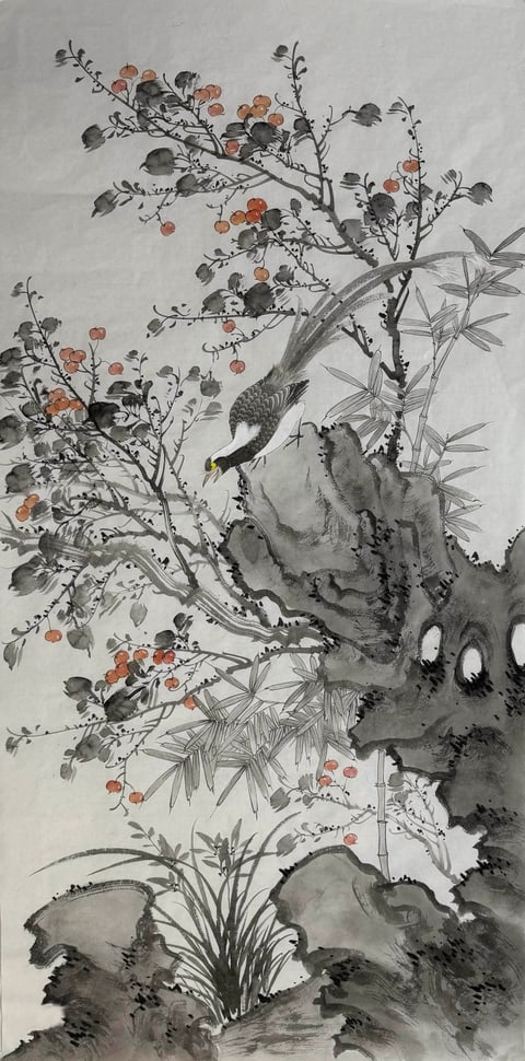 Autumn's Song on the Crag (Shen Xinyu) Semi-Xieyi Style Flower-and-Bird Painting 54.3" x 26.8"(in)