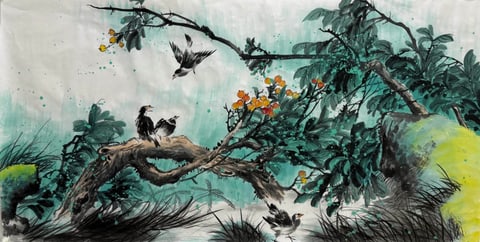 Song of the Fruitful Bough (Zheng Xuemei) Semi-Xieyi Style Flower-and-Bird Painting 54.3" x 26.8"(in)