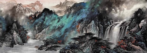 Clouds and Waterfall Heaven's Echo (Yang Fanhang) Semi-Xieyi Style Shanshui Painting 70.9" x 27.6"(in)