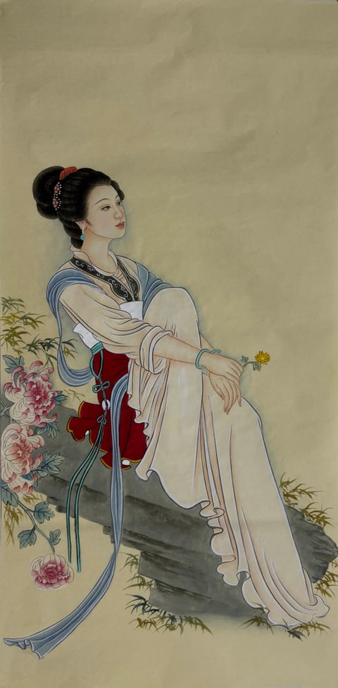 Harmony on the Rock (Tong yuan) Gongbi Style Figure Painting 54.3" x 26.8"(in)