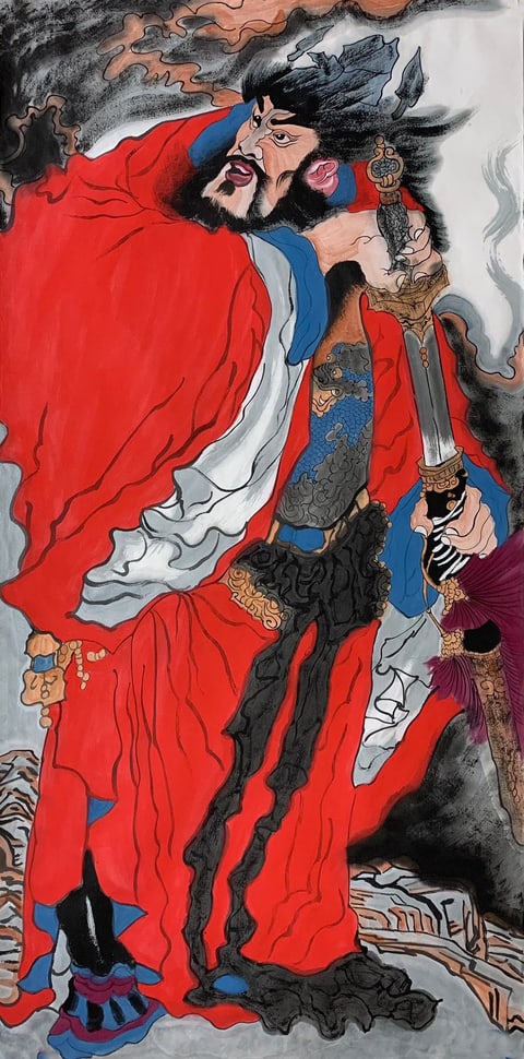 Crimson Valor: The Righteous Guardian General (Chen Shuai) Gongbi Style Figure Painting 54.3" x 26.8"