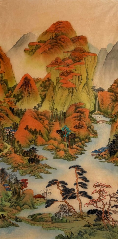 Whispering Falls in Autumn Mist (Wang Yunfeng) Semi-Xieyi Style Shanshui Painting 54.3" x 26.8"(in)