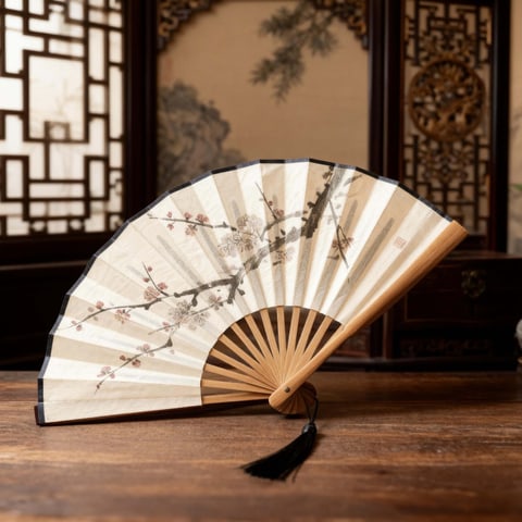 Chinese Ink Folding Fan Whispers of Winter Blossoms
