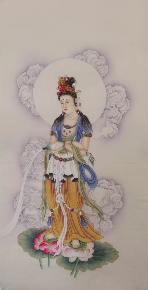 Sweet Nectar Dispensed from the Lotus of Mercy (Tang Guangyi) Gongbi Style Figure Painting 54.3" x 26.8"