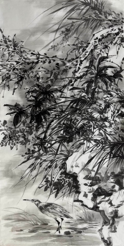 Heron's Solitude: Ink Rhythm on Raw Xuan (Zheng Xuemei) Semi-Xieyi Style Flower-and-Bird Painting 54.3" x 26.8"(in)