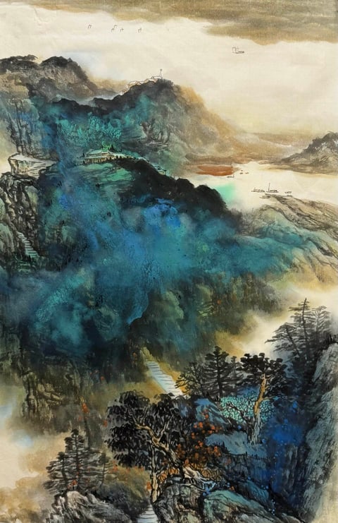 Hidden Path through Misty Peaks (Zhang Sucheng) Semi-Xieyi Style Shanshui Painting 26.8" x 17.7"(in)