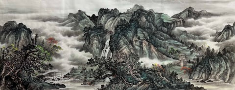 Celestial Resonance in Mist Peaks (Zhao Linjiang) Semi-Xieyi Style Shanshui Painting 70.9" x 27.6"(in)