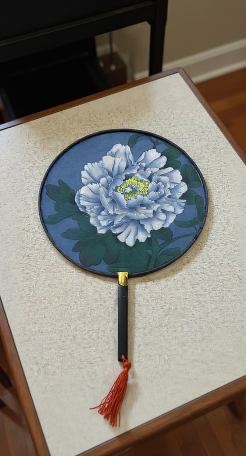 Chinese Gongbi Floral Round Silk Fan with Black Handle ≈13.8″ x 8.3″