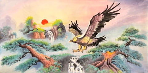 Soaring Eagle Over Pines and Cascades at Dawn (Hou Dong) Semi-Xieyi Style Flower-and-Bird Painting 54.3" x 26.8"