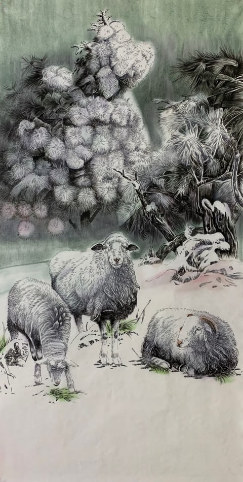 Auspicious Trio Amidst Snowy Pines (Song Weiping) Semi-Xieyi Style Animal Painting 26.8" x 17.7"