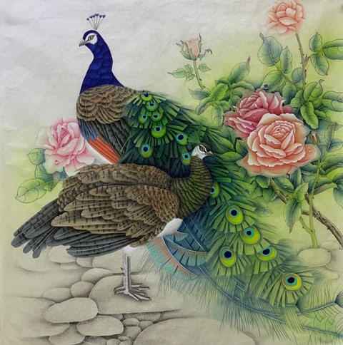 Jade Feathers, Crimson Bloom: A Symphony of Love (Mao Ping) Gongbi Style Animal Painting 26.8" x 26.8"