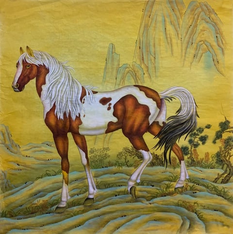 Auspicious Steed in Golden Valleys (Yang Yuqi) Gongbi Style Animal Painting 26.8" x 26.8"