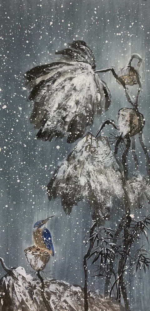 Winter's Emerald Bough (Lin Moqing) Semi-Xieyi Style Flower-and-Bird Painting 39.4" x 21.7"