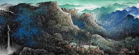 Chronicles of Granite Breath (Wu Bufan) Semi-Xieyi Style Shanshui Painting 70.9" x 27.6"(in)