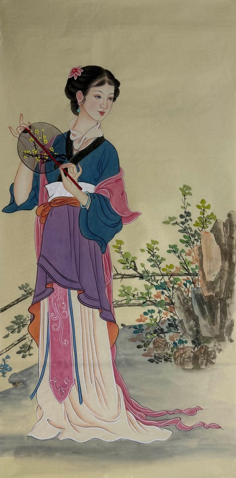 Silk Mist in Azure (Xu Ruobai) Gongbi Style Figure Painting 54.3" x 26.8"(in)