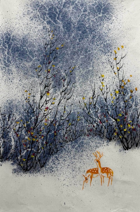 Deer in Frosted Whispers (Li Fuming) Semi-Xieyi Style Flower-and-Bird Painting 26.8" x 17.7"(in)