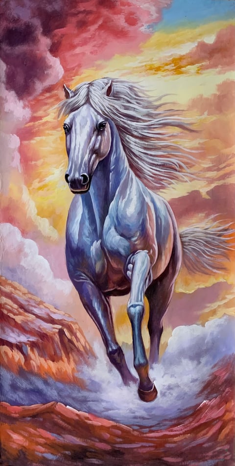 Galloping Celestial Steed Amidst Rosy Hues (Ye Guohua) Gongbi Style Animal Painting 54.3" x 26.8"