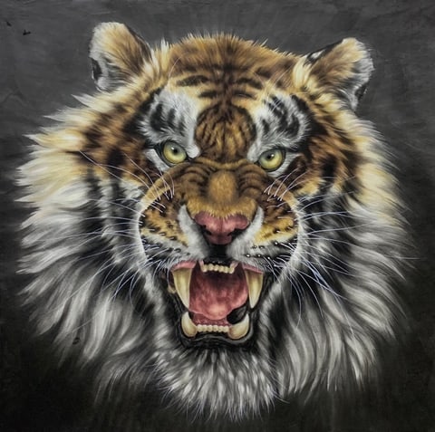Golden-Eyed Fury, Shaking the Realm (Cao Jie) Gongbi Style Animal Painting 26.8" x 26.8"