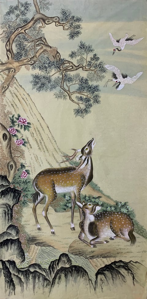 Auspicious Harmony: Pine, Deer, and Cranes (Hu Yixuan) Gongbi Style Animal Painting 54.3" x 26.8"