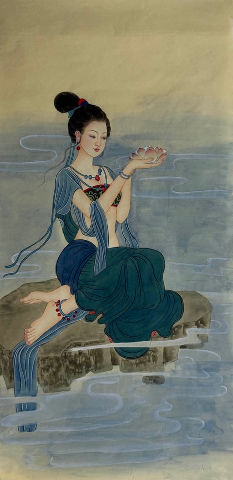 Lotus Sanctuary (Xu Ruobai) Gongbi Style Figure Painting 54.3" x 26.8"(in)