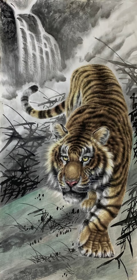 Vanguard of the Roaring Falls: A Tiger's Majesty (Song Weiping) Semi-Xieyi Style Animal Painting 54.3" x 26.8"