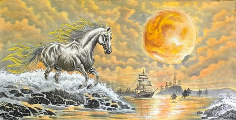 Celestial Gallop: The Thousand-Mile Steed (Zhao Shuai) Semi-Xieyi Style Animal Painting 54.3" x 26.8"