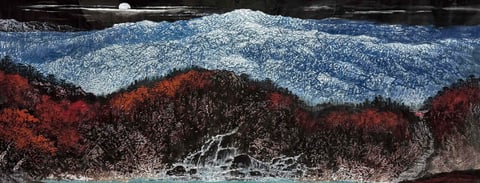 Crimson Peaks Under Frosted Moon (Wu Bufan) Semi-Xieyi Style Shanshui Painting 70.9" x 27.6"(in)