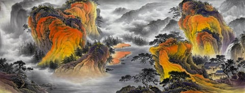 Aureate Ossuary (Zhou Moyan) Semi-Xieyi Style Shanshui Painting 70.9" x 27.6"(in)