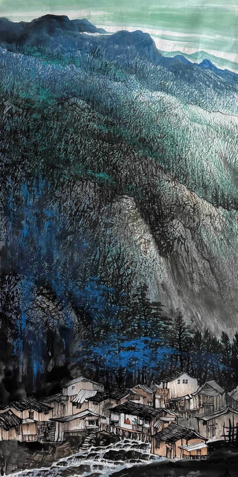 Mist and Memory Mountain Hamlet (Qin Yuanhang) Semi-Xieyi Style Shanshui Painting 54.3" x 26.8"(in)