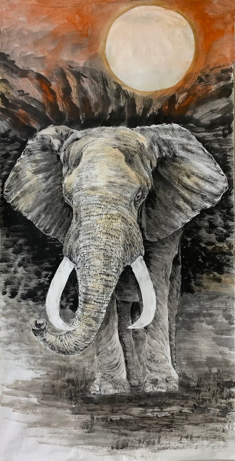 Majesty Under the Crimson Moon: Guardian Elephant (Shi Yuan) Semi-Xieyi Style Animal Painting 54.3" x 26.8"