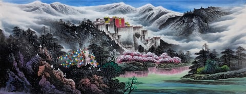Sacred Peaks Spring Radiance: Potala Reflected in Snow Lake (Chen Zhiqiang) Semi-Xieyi Style Shanshui Painting 70.9" x 27.6"